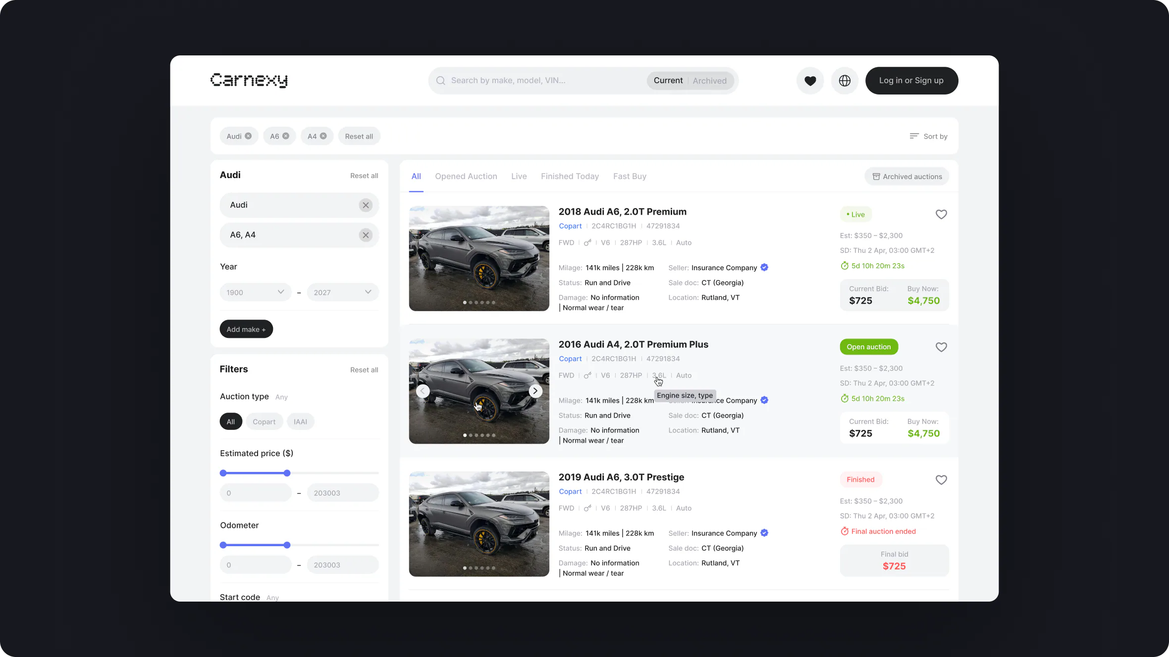Carnexy: Catalog & filters